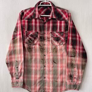 Burnside Pearl Snap Shirt Mens Large Red Black Plaid Fade Distress Western Ombre